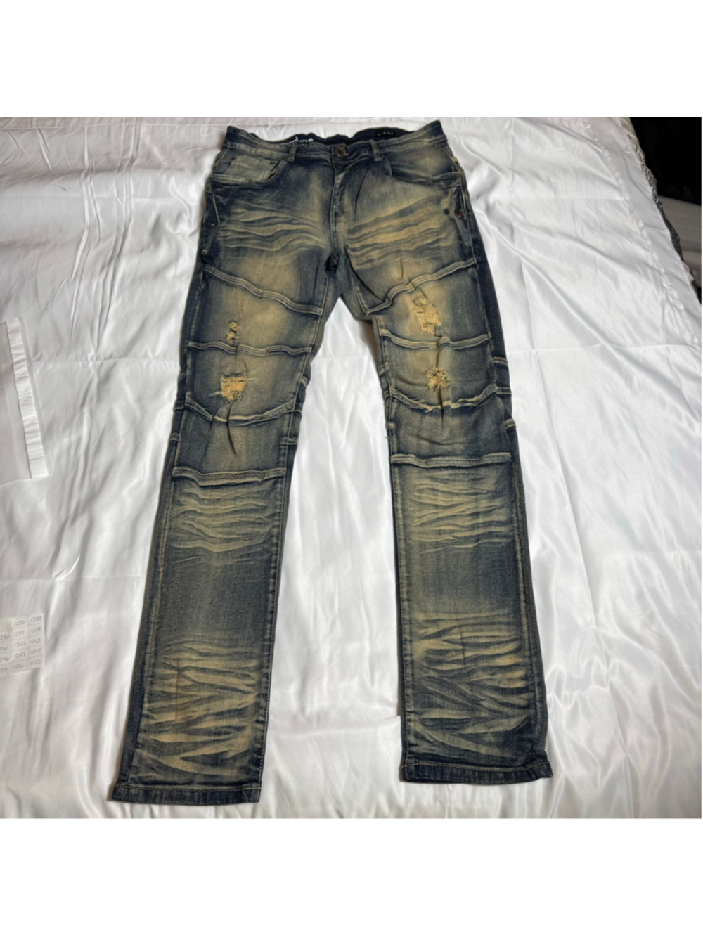 Men's Copper Rivet Slim Jeans Waist 38x34 Blue Tan Distressed